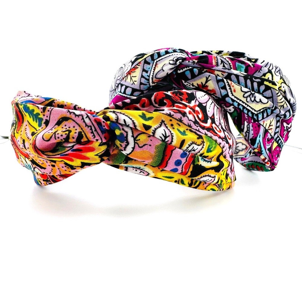 Pair of 2 Colorful Bohemian Bandana Top Knot Headbands Cotton Blend 2.5" Wide